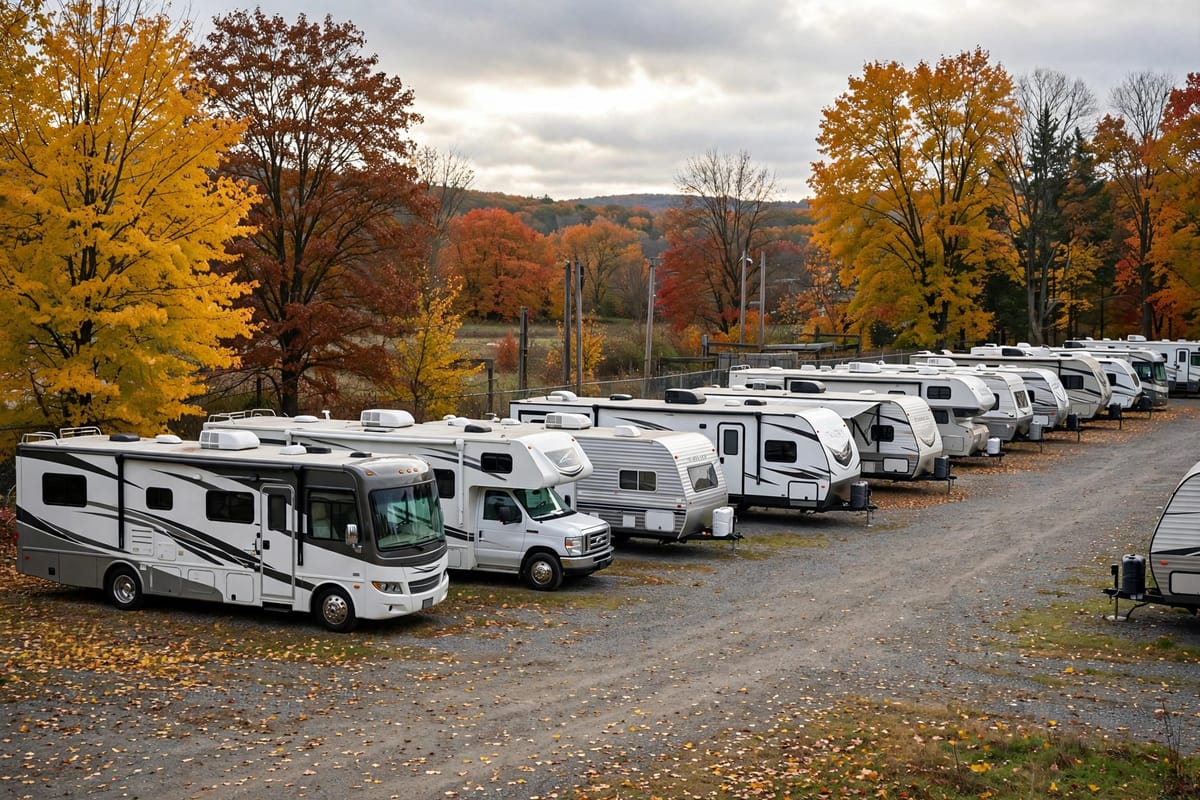 Rows of motorhomes and travel trailers at a dealership lot in autumn