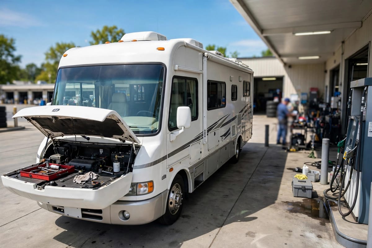 Motorhome at a fuel station on a bright day