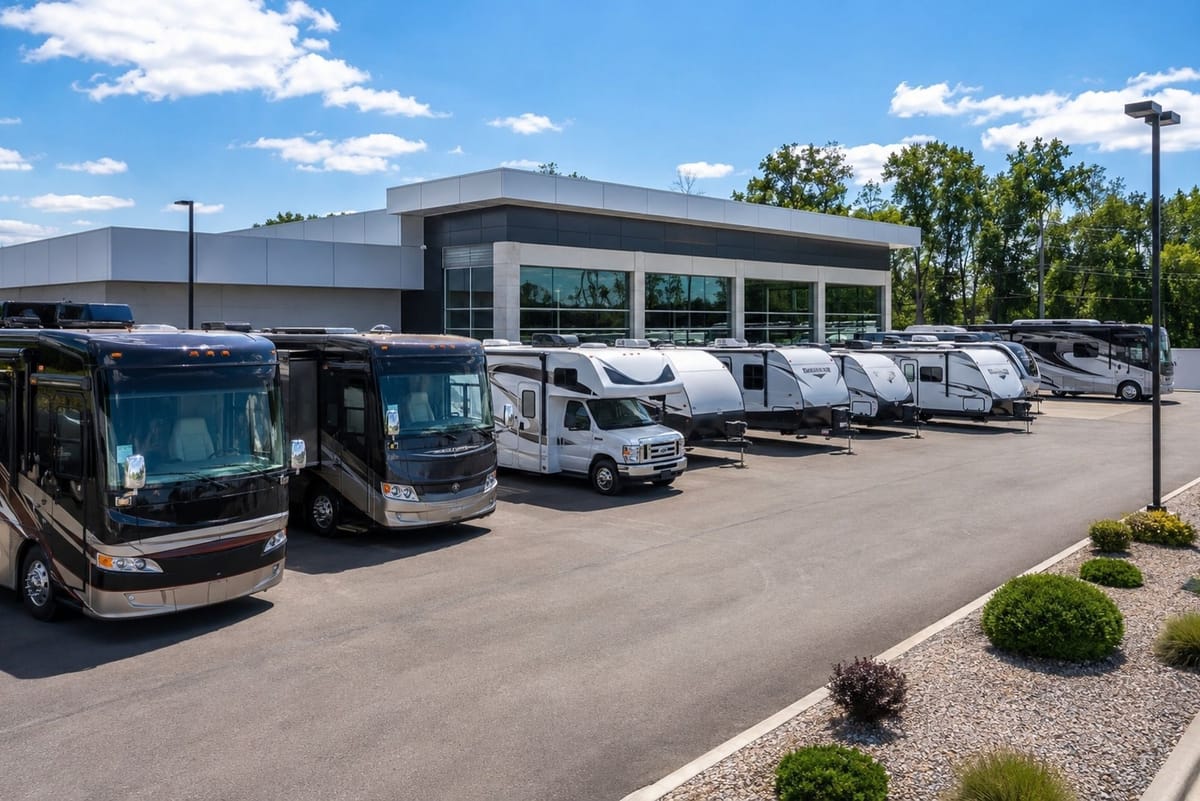 Lineup of different RV types - motorhomes and travel trailers