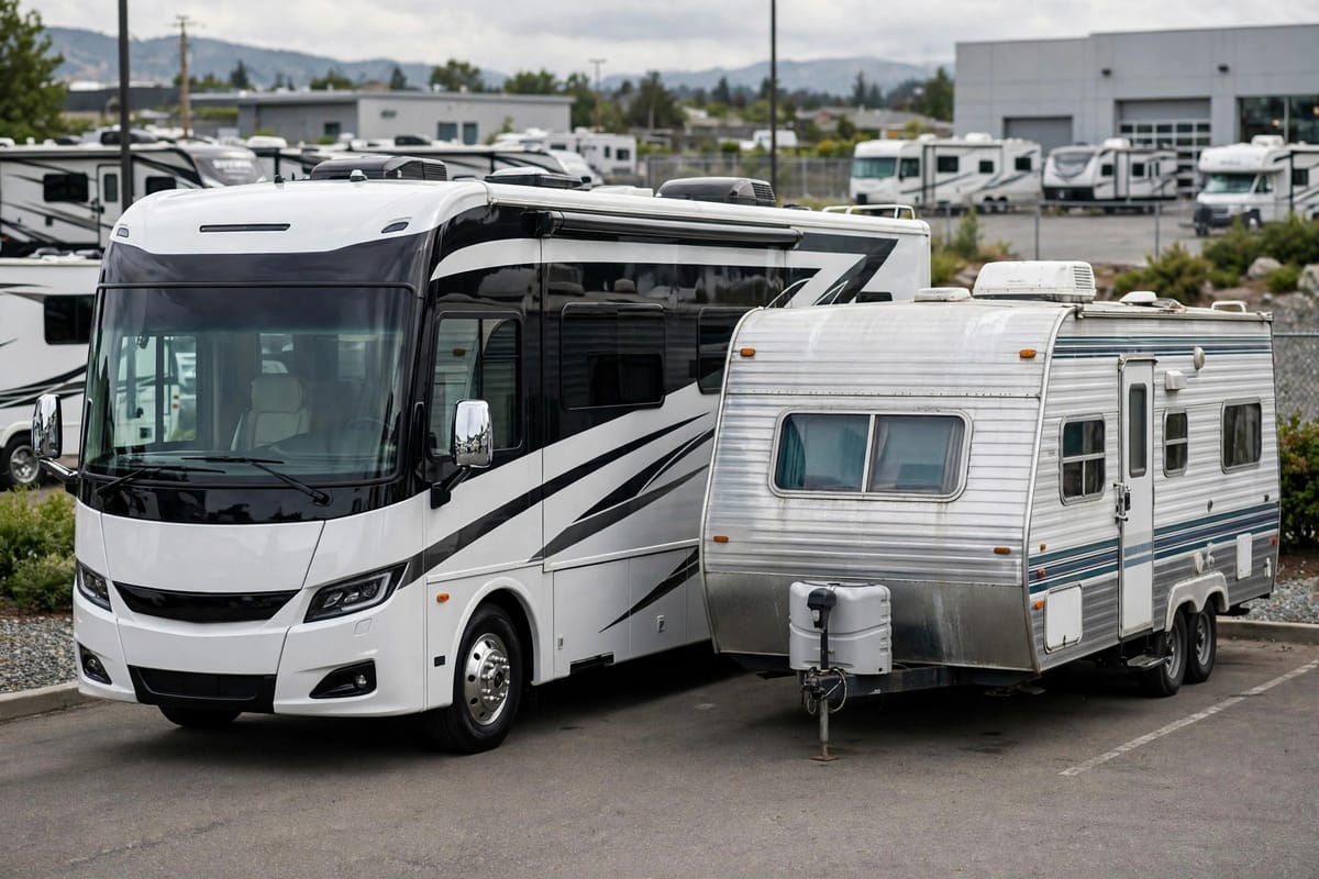 A new Class A motorhome next to a well-kept used travel trailer at a dealership