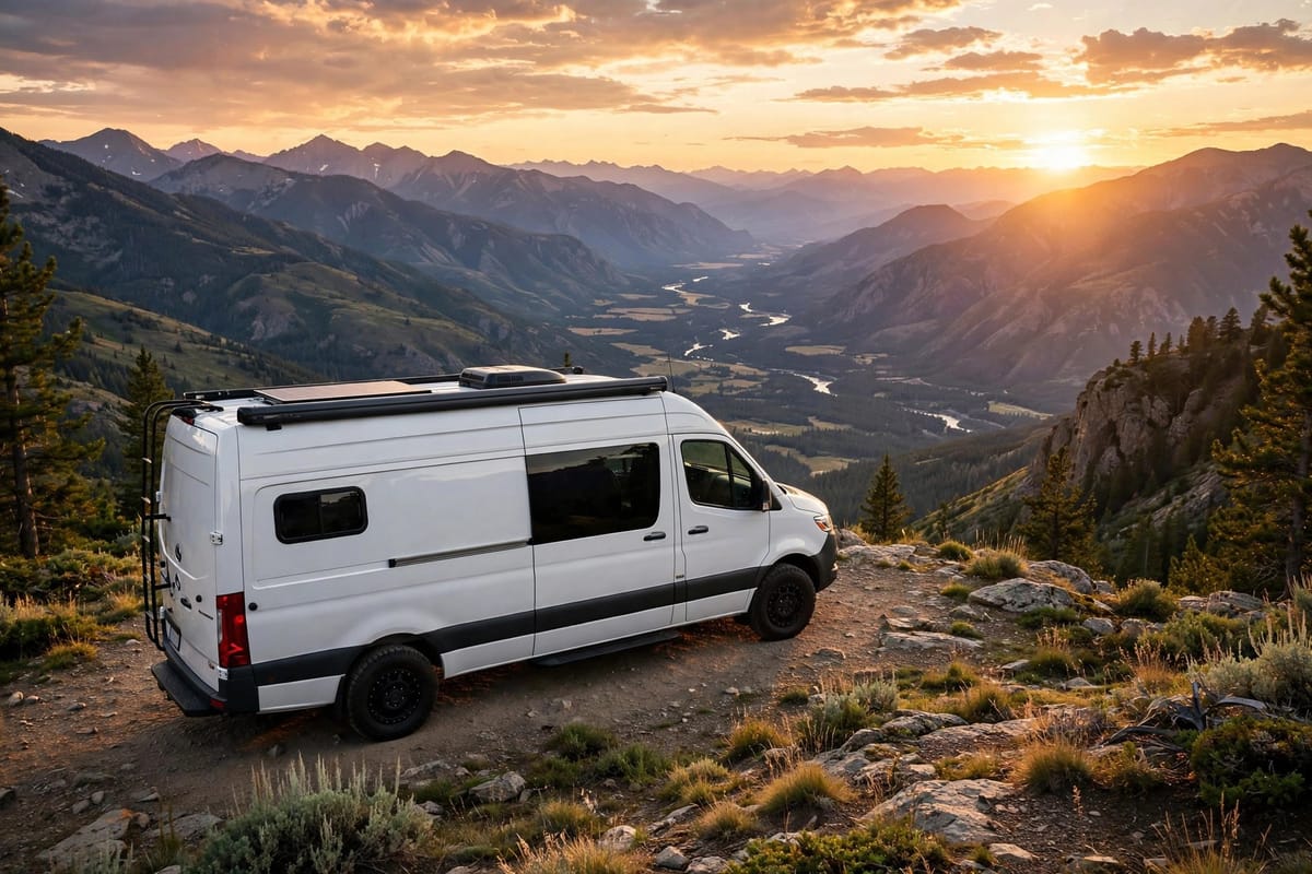 Camper van at a scenic desert overlook at golden hour