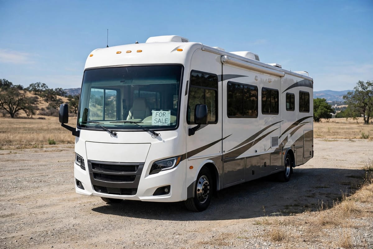 Class A motorhome with for-sale sign on the windshield