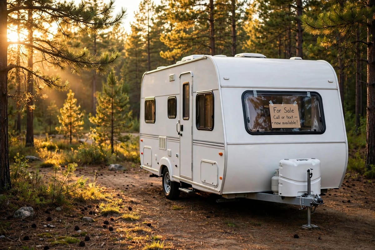 White travel trailer with for-sale sign at a pine-forest campground at golden hour