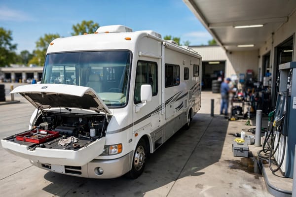 Motorhome at a fuel station on a bright day