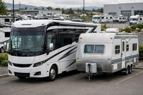 A new Class A motorhome next to a well-kept used travel trailer at a dealership