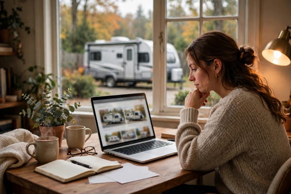 Person comparing RV listings on a laptop at home