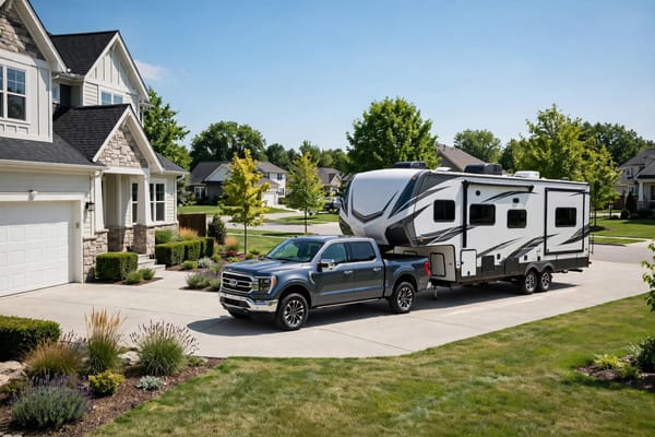 Fifth wheel trailer hitched to a pickup truck in a driveway