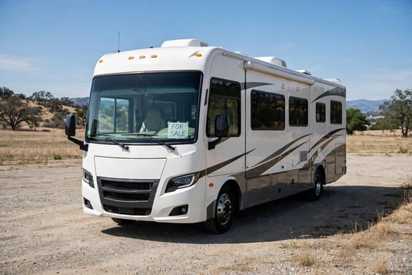 Class A motorhome with for-sale sign on the windshield