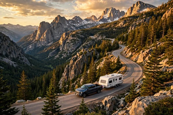 Pickup truck towing a travel trailer on a mountain highway